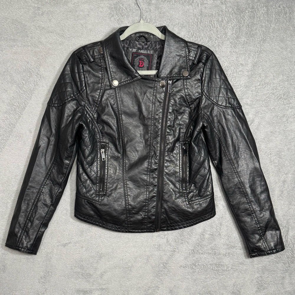 Dollhouse NYC Women M Black Faux Leather Quilted Moto Jacket Animal Print Lining